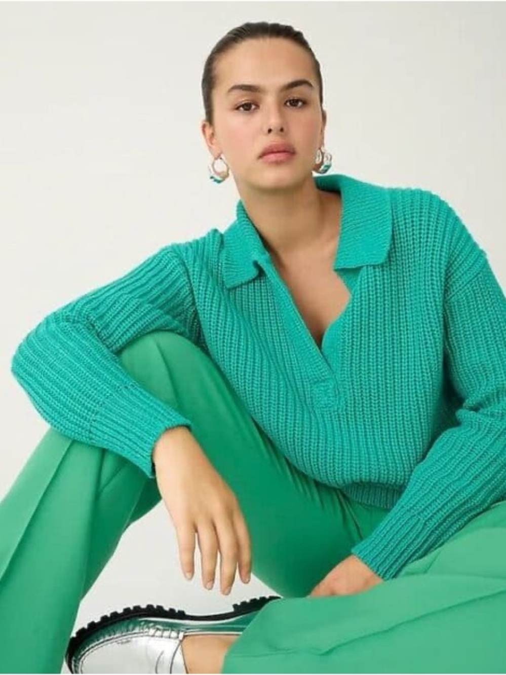 J. Crew Green Ribbed Cotton Johnny Collar Sweater Chunky Open V-Neck M/L